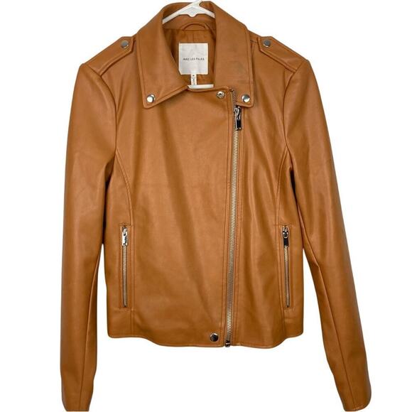 NWT * AVEC LES FILLES Vegan Leather Moto Biker Jacket in Camel - Size M - $174. - Picture 11 of 14